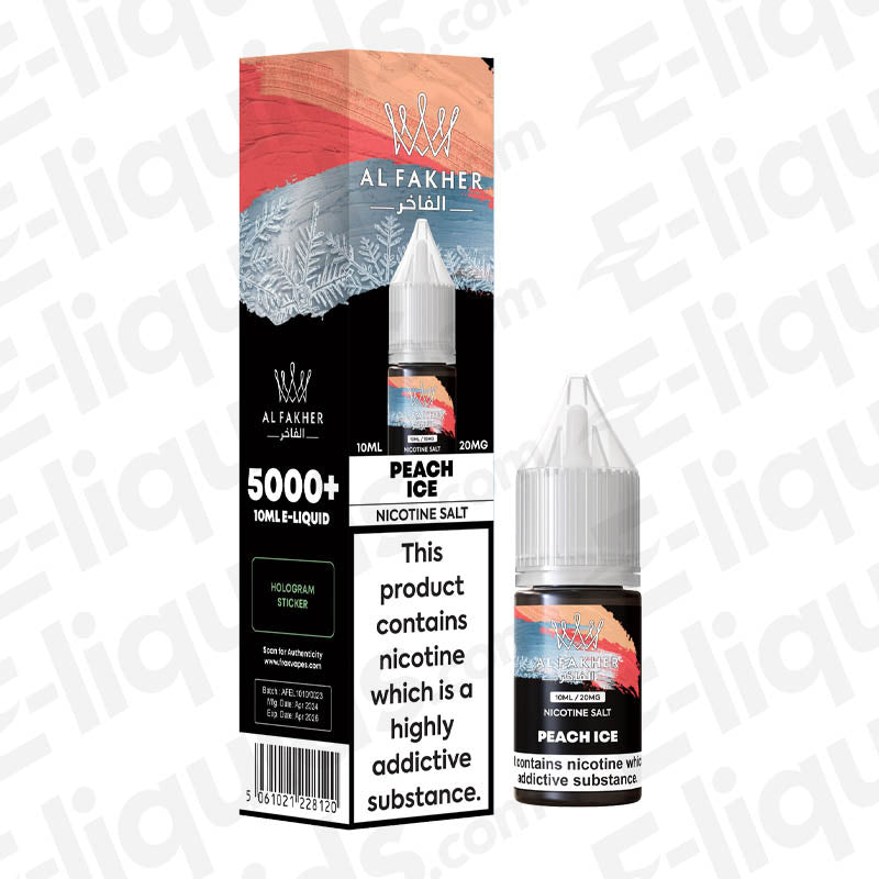 Peach Ice 5000+ Nic Salt E-liquid by Al Fakher in a 10ml bottle, featuring icy peach flavor and nicotine warning.