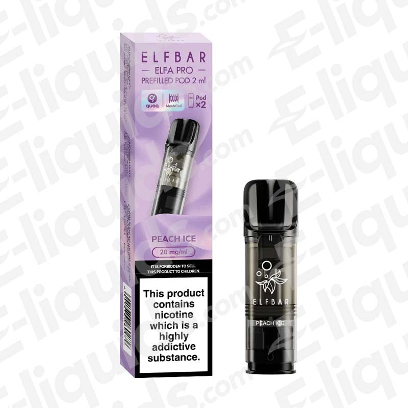 Elf Bar ELFA PRO Peach Ice vape pod with QUAQ technology, 2ml nic salt, 600 puffs, clearance sale near expiry date.