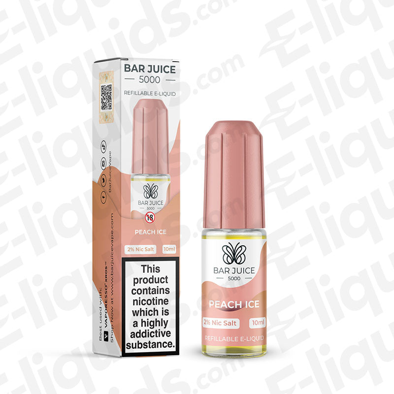 Peach Ice Nic Salt E-liquid by Bar Juice 5000 in 10ml bottle, featuring sweet peach and menthol flavors.