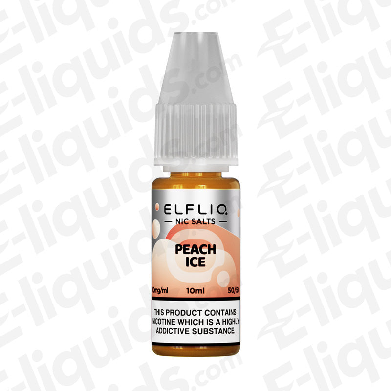 Elfliq Peach Ice Nic Salt E-liquid bottle, 10ml, 50/50 ratio, sweet peach with icy menthol flavor, available in 10mg and 20mg strengths.