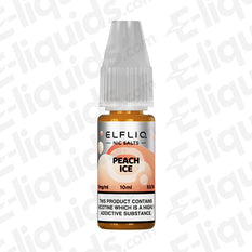 Elfliq Peach Ice Nic Salt E-liquid bottle, 10ml, 50/50 ratio, sweet peach with icy menthol flavor, available in 10mg and 20mg strengths.