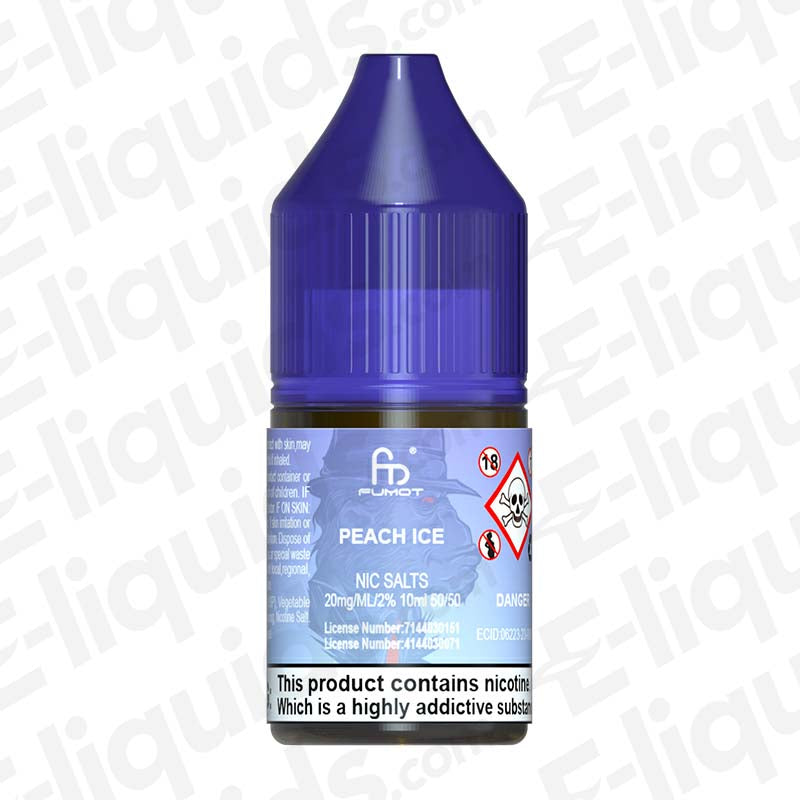 Peach Ice RandM 7000 Nic Salt E-liquid by Fumot in a blue bottle, featuring 20mg nicotine content.