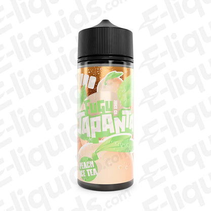 Bottle of Fugu Japanta Peach Ice Tea Shortfill E-liquid with 100ml content and space for nicotine shots in a 120ml bottle.