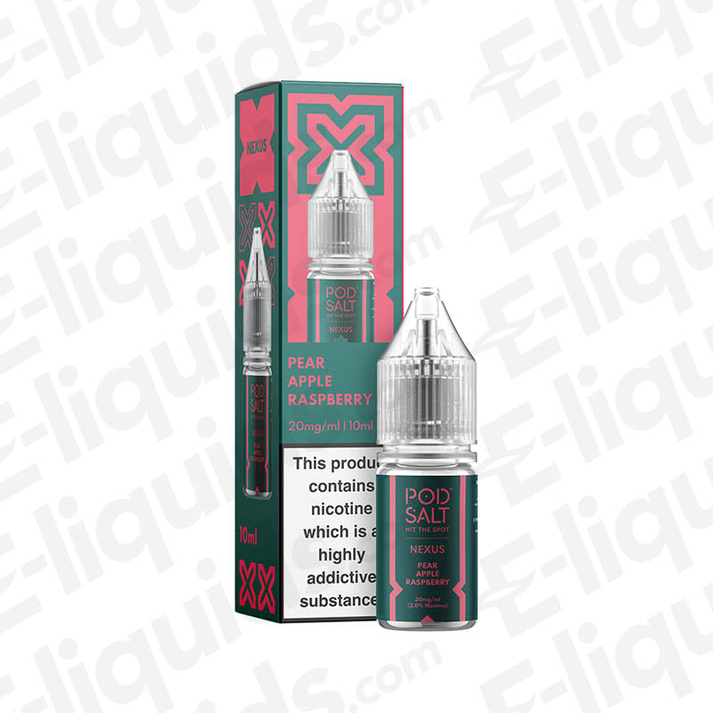 Pear Apple Raspberry Nic Salt E-liquid by Pod Salt with packaging, 20mg/ml, 10ml bottle, vibrant fruity design.