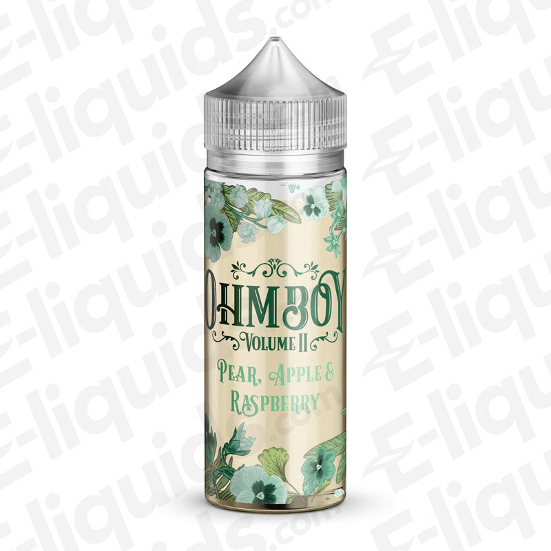 Ohm Boy Vol II Pear Apple Raspberry Shortfill E-liquid bottle with floral design, 50ml size.