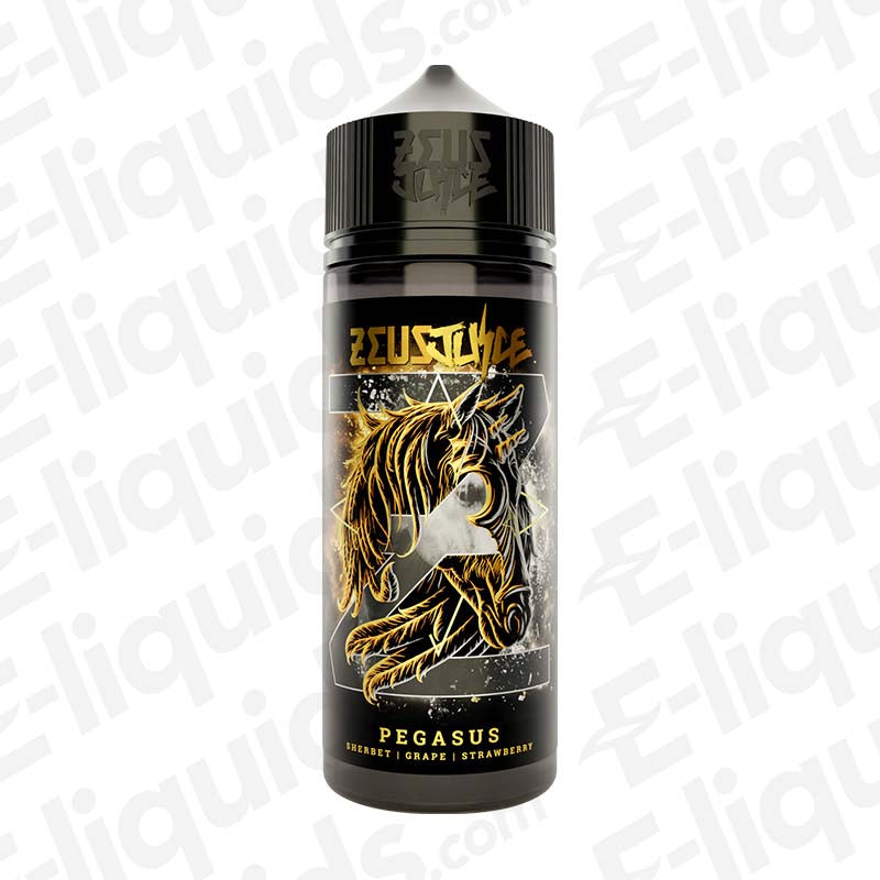 Zeus Juice Pegasus 70/30 100ml Shortfill Vape Juice 0mg 100ml bottle with Pegasus artwork in black and gold packaging.