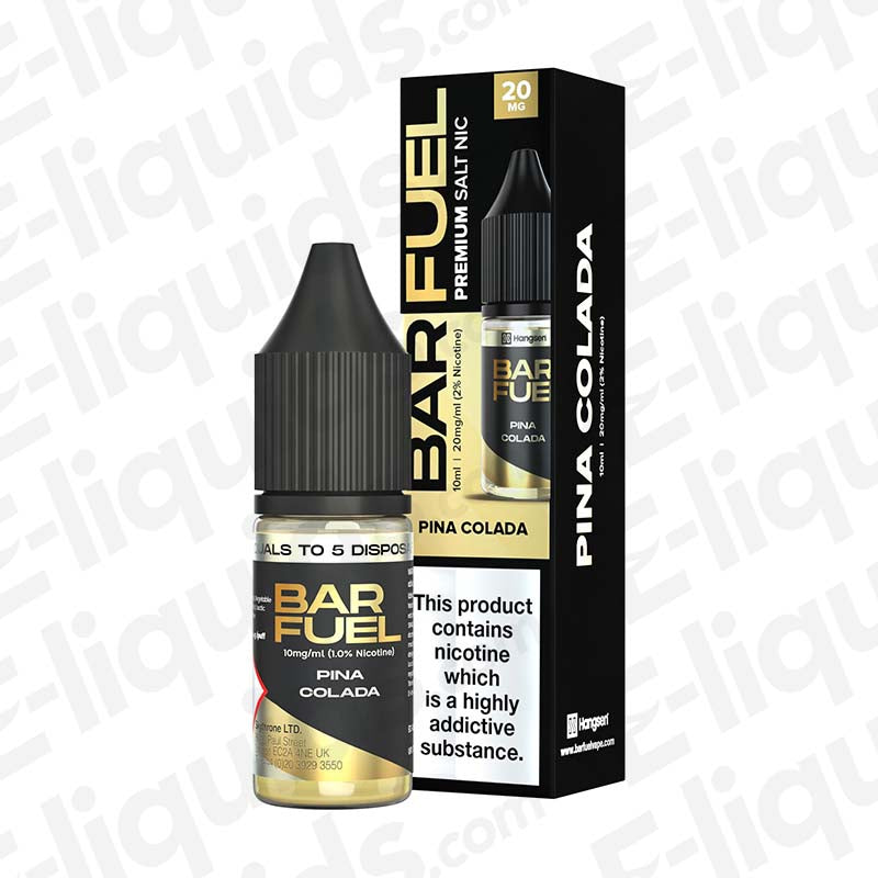 Pina Colada Nic Salt E-liquid by Bar Fuel in a 10ml bottle, featuring tropical pineapple and coconut flavors.