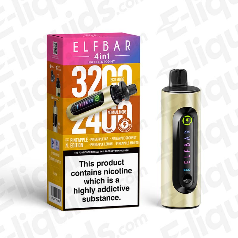 Elf Bar 4-in-1 Refillable Pod Kit with 3200 puffs, featuring Pineapple Coconut flavor and nicotine warning.