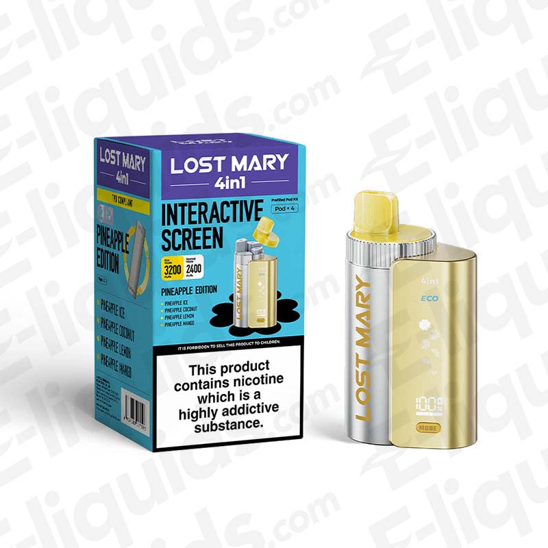 Lost Mary 4-in-1 Pod Kit in Pineapple edition, featuring an interactive screen and 3200 puffs capacity.