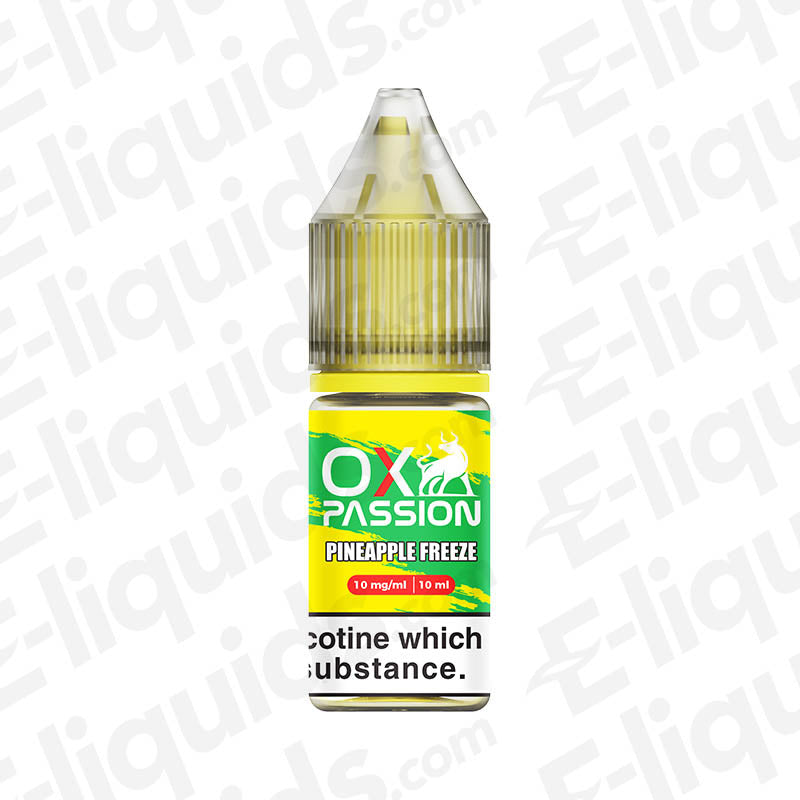 Pineapple Freeze OX Passion Nic Salt E-liquid bottle by OXVA, tropical pineapple flavor, available in 10mg/20mg strengths.