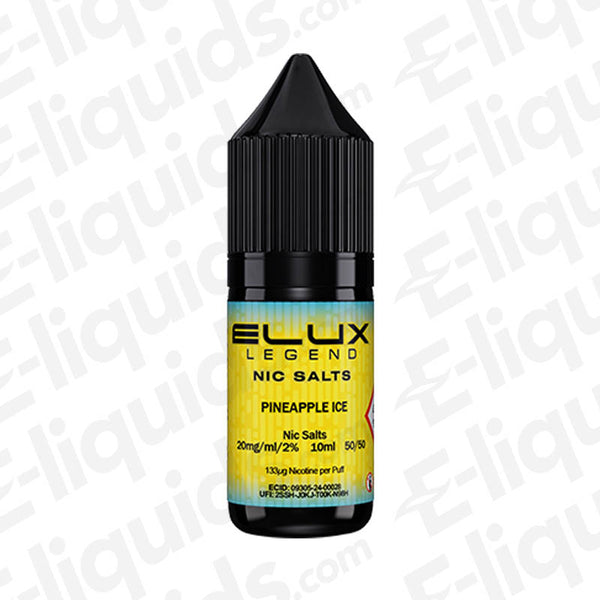 Elux Legend Pineapple Ice Nic Salt E-liquid bottle with a tropical design for fruity vaping experience.