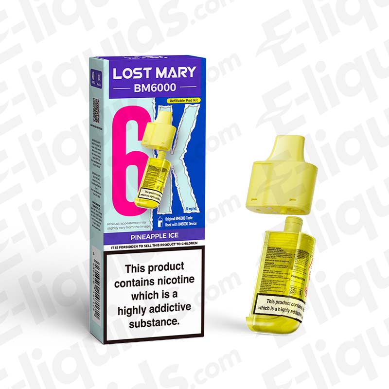 Lost Mary BM6000 Pineapple Ice Pod, compliant pre-filled vape offering up to 6000 puffs, displayed with packaging.