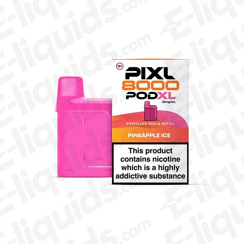 PIXL 8000 Pineapple Ice Prefilled Pod, 8000 puffs, 20mg nicotine strength, vibrant pink design, TPD compliant.