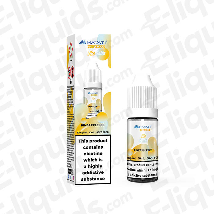 Pineapple Ice Pro Max Nic Salt E-liquid by Hayati in a 10ml bottle, featuring sweet pineapple and cooling menthol.
