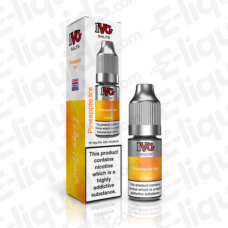 Pineapple Ice Nic Salt E-liquid by IVG Salts 10ml bottle with box, showcases sweet pineapple flavor and nicotine content options.
