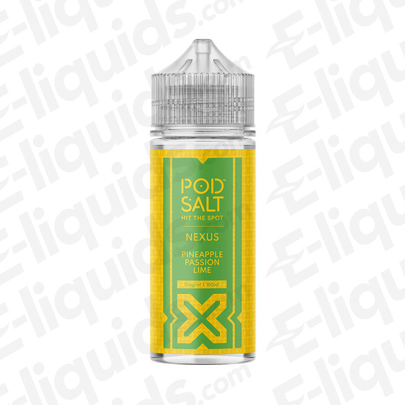 Pod Salt Nexus Pineapple Passion Lime Shortfill E-liquid bottle with vibrant tropical design.