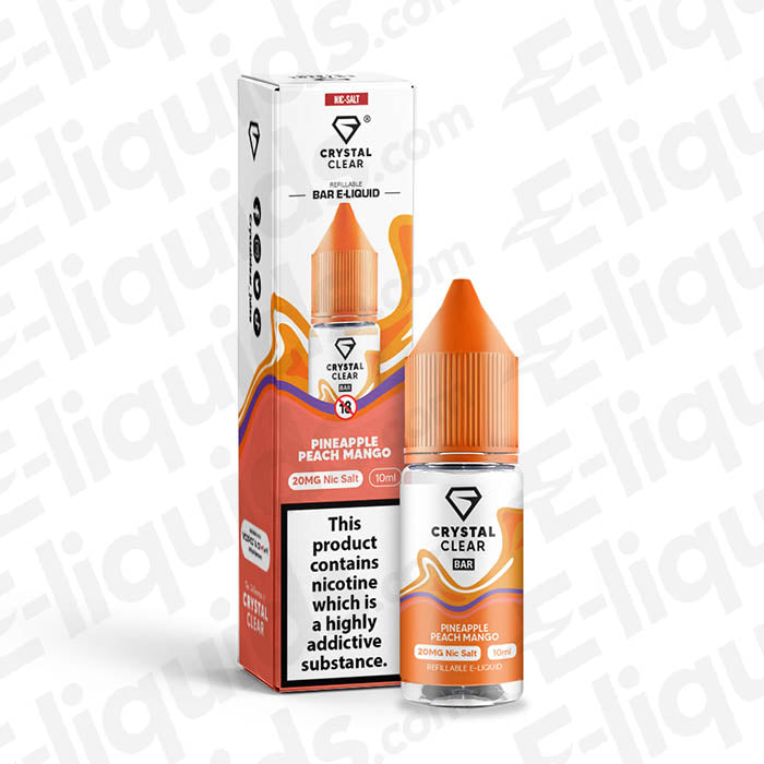 Pineapple Peach Mango Nic Salt E-liquid by Crystal Clear Bar, featuring tropical flavors in a 20mg nicotine strength.