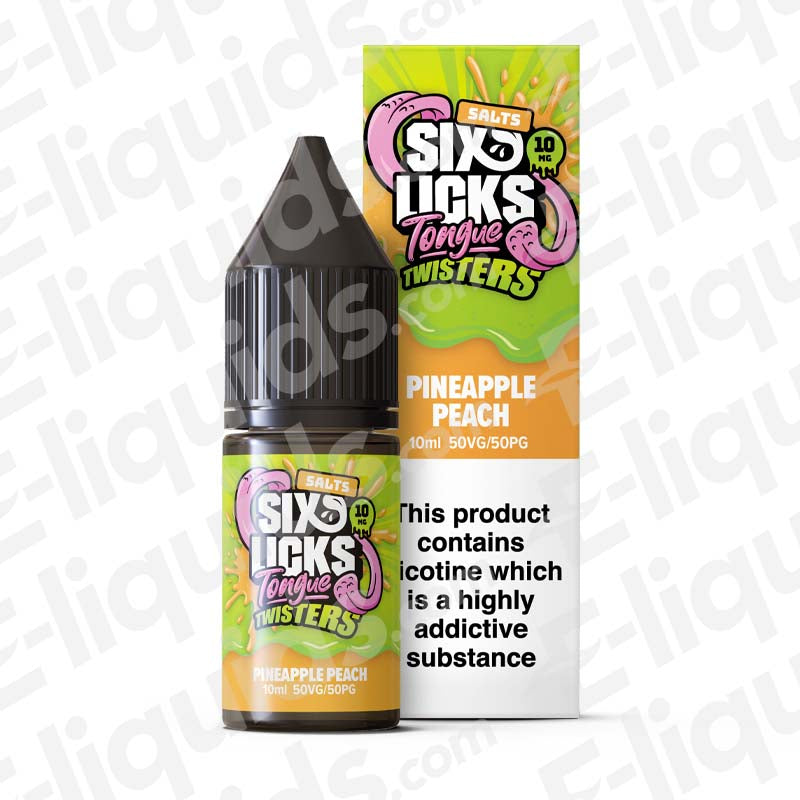 Pineapple Peach Nic Salt E-liquid by Six Licks Tongue Twisters in a 10ml bottle, featuring tropical flavors and a 50VG/50PG blend.