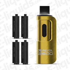REVOL 2600 4-in-1 Pod Kit with interchangeable pods for multiple flavors including Pineapple Ice and Peach.