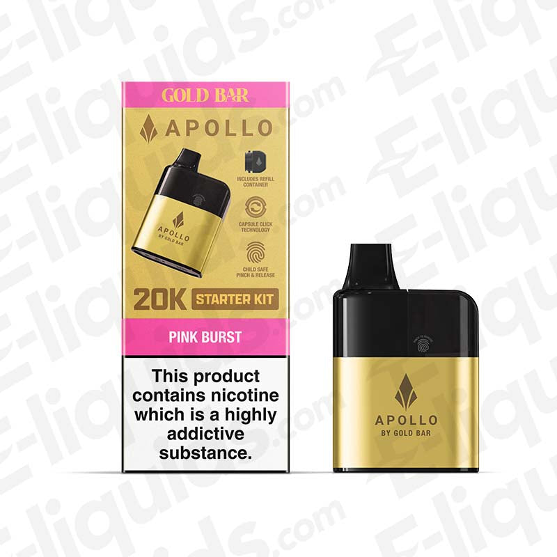 Gold Bar 20K Apollo AIO Legal Big Puff Vape Pod Kit in packaging, featuring Pink Burst flavor and warning about nicotine.