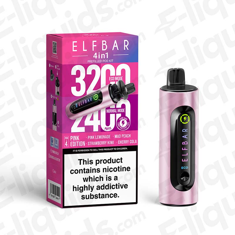 Elf Bar 4-in-1 Refillable Pod Kit with 3200 puffs and replaceable flavored pods.