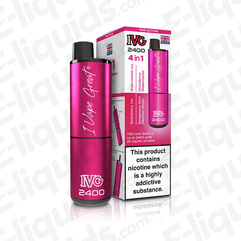 IVG 2400 4-in-1 Rechargeable Pod Kit Pink Edition with e-liquid box, USB-C port, 20mg nic salt flavors, sleek pink design