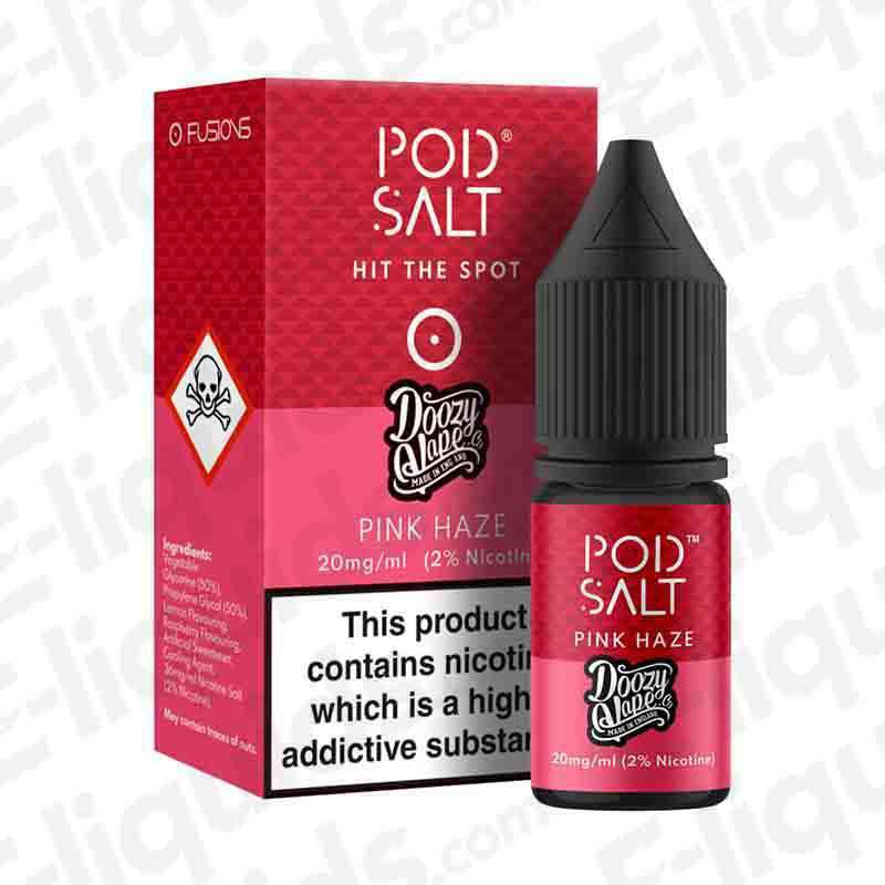 Pod Salt Pink Haze Nic Salt E-liquid, featuring lemon and citrus flavors, 20mg/ml nicotine, 2% nicotine strength.