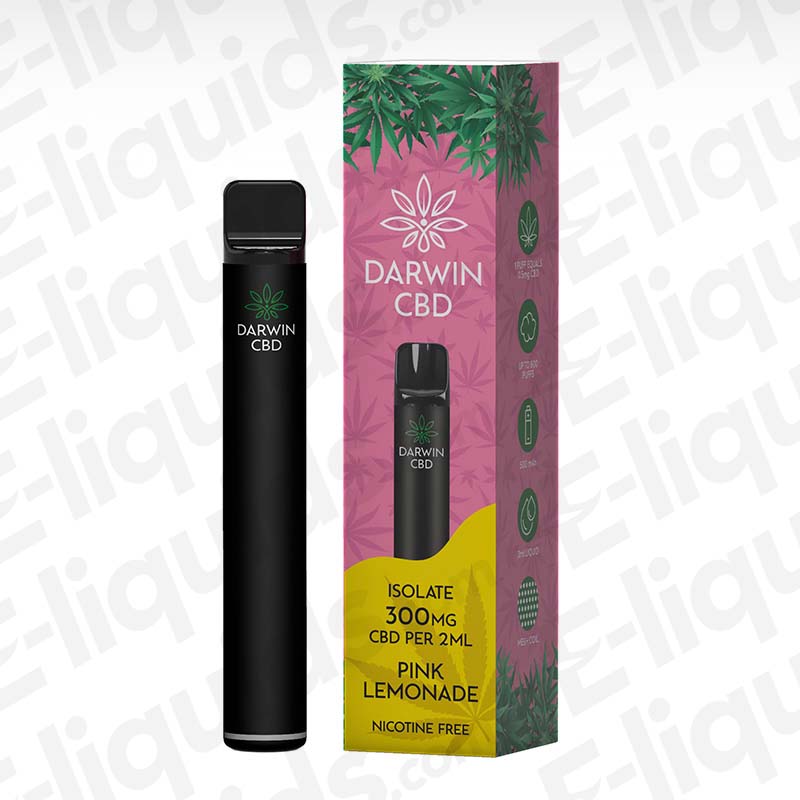 Darwin CBD 300mg Pink Lemonade Prefilled Pod Kit with tangy Citrus flavour in bright pink and yellow packaging.