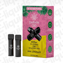 Darwin CBD 600mg Pink Lemonade (2 x 300mg) Prefilled Pod with zingy Citrus flavour in bright pink and yellow packaging.