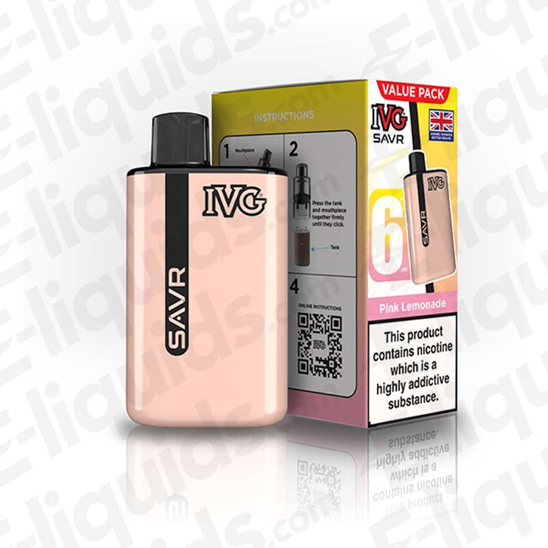 IVG SAVR Prefilled Pod Kit in Pink Lemonade flavor, featuring sleek design and USB Type-C charging.