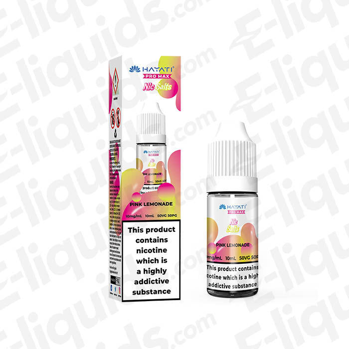 Pink Lemonade Pro Max Nic Salt E-liquid by Hayati in a bottle with box, featuring vibrant branding and warning labels.