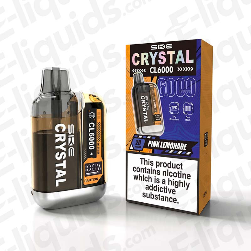 Pink Lemonade SKE Crystal CL6000 Prefilled Vape Pod and packaging, featuring nicotine warning and flavor details.