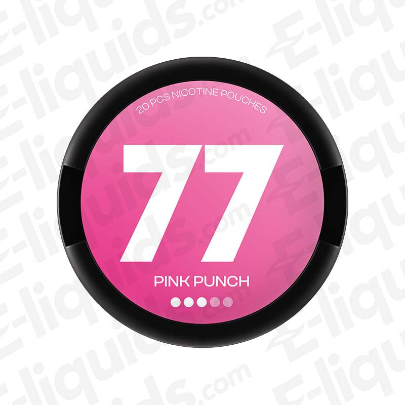 Pink Punch 77 Nicotine Pouches can with 10.4mg nicotine per pouch, offering 20 pouches in a vibrant pink and black design.