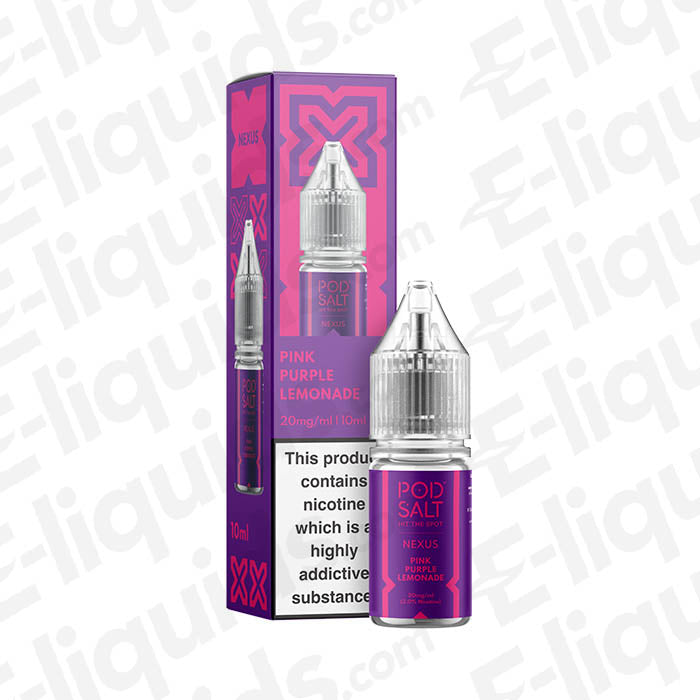Pod Salt Nexus Pink Purple Lemonade Nic Salt E-liquid 10ml bottle and packaging, 20mg Nicotine, vibrant flavor for vape kits.