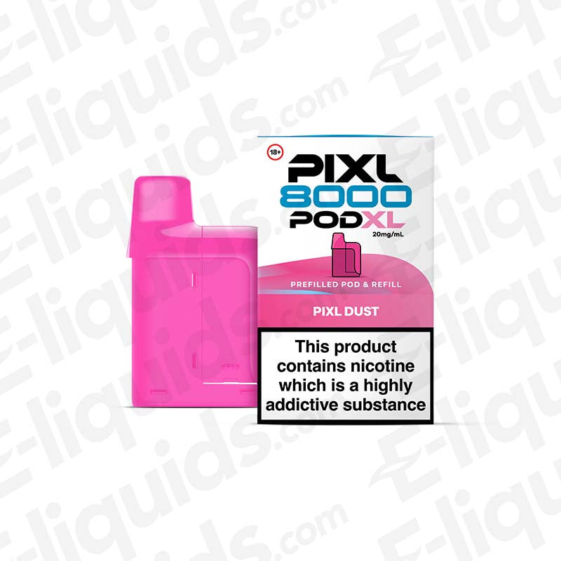 PIXL 8000 Compliant Prefilled Pod in pink, showcasing the packaging with 20mg/ml nicotine warning label.
