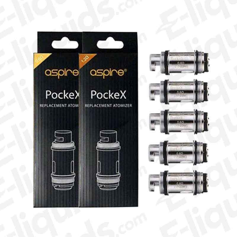 Aspire PockeX replacement vape coils pack of 5 featuring 0.6ohm and 1.2ohm NiChrome coil design for accurate flavor and efficient wicking.