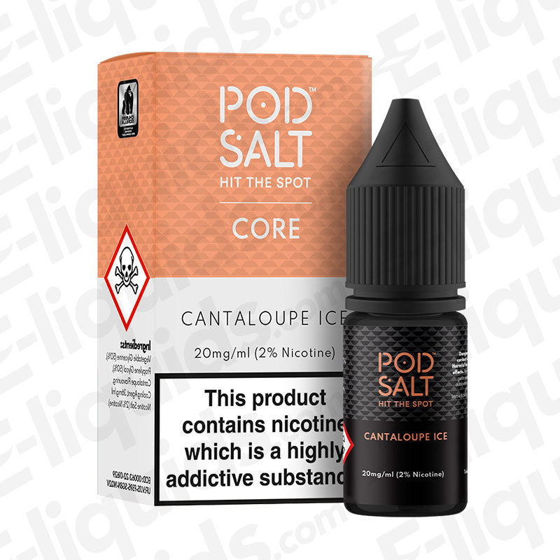 Cantaloupe Ice Nic Salt E-liquid by Pod Salt Core, featuring sweet cantaloupe and cool ice finish.