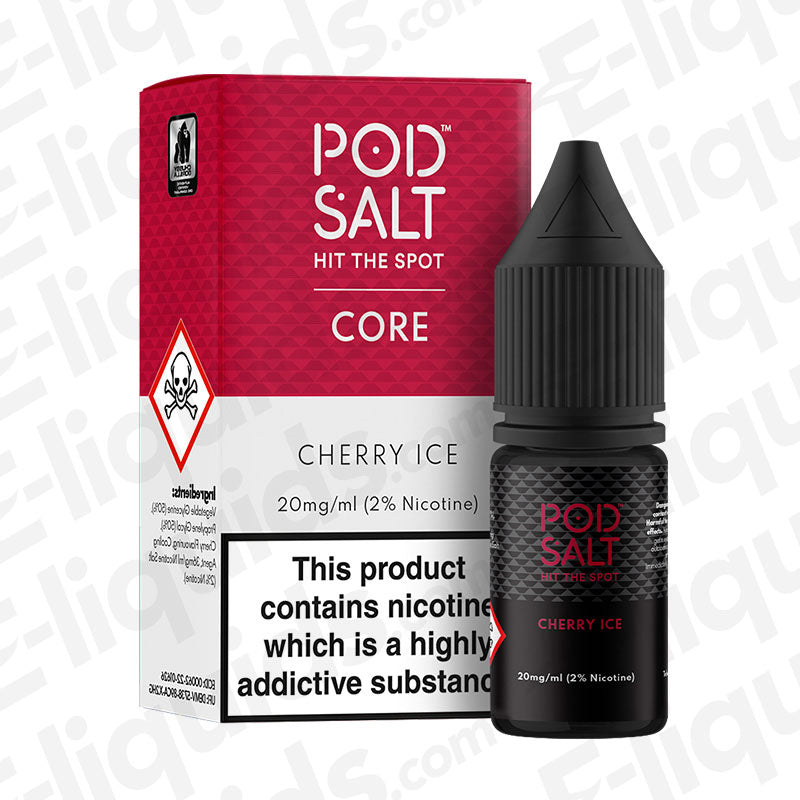 Cherry Ice Nic Salt by Pod Salt Core, featuring sweet cherry flavor with a cooling ice finish, 20mg/ml nicotine.