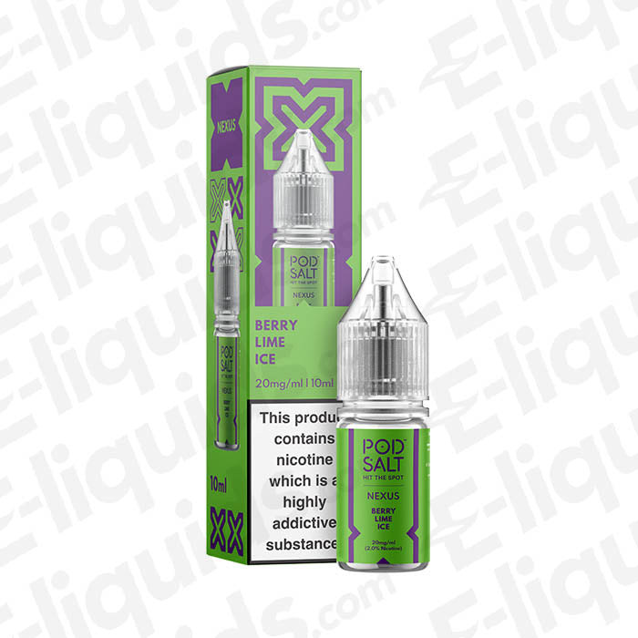 Berry Lime Ice Nic Salt E-liquid by Pod Salt Nexus in a 10ml bottle with a vibrant green label and box.