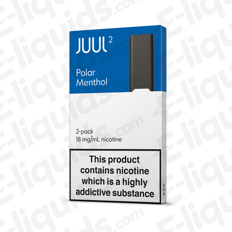JUUL V2 Polar Menthol Pod 2 Pack, 18mg nicotine, compatible with JUUL2 Device, intense menthol flavor, 2-pack with warning label.