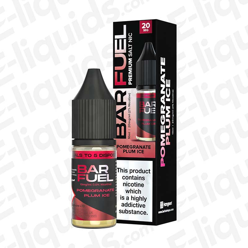 Bar Fuel Pomegranate Plum Ice Nic Salt 10ml bottle and packaging with bold flavor description on display