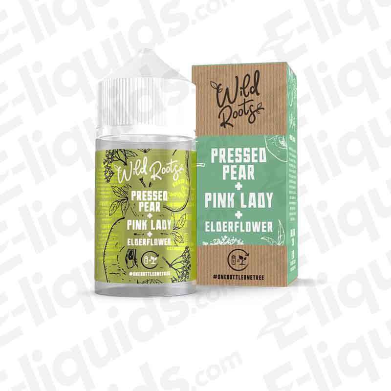 Pressed Pear Shortfill E-liquid by Wild Roots in packaging, showcasing pear, pink lady apples, and elderflower theme.