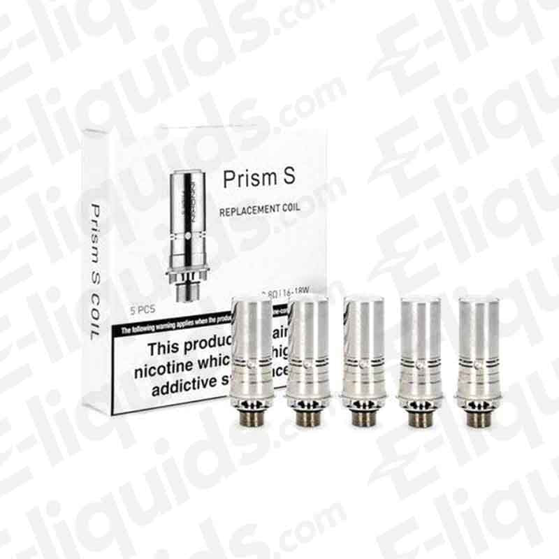 Pack of 5 Innokin Prism S replacement coils for T20S vape tanks, suitable for DTL and MTL vaping, shown with packaging.