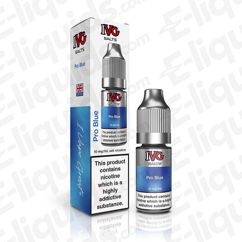 IVG Salts Pro Blue Nic Salt E-liquid bottle and box with blueberry and raspberry flavors, 10ml size, nicotine warning label.