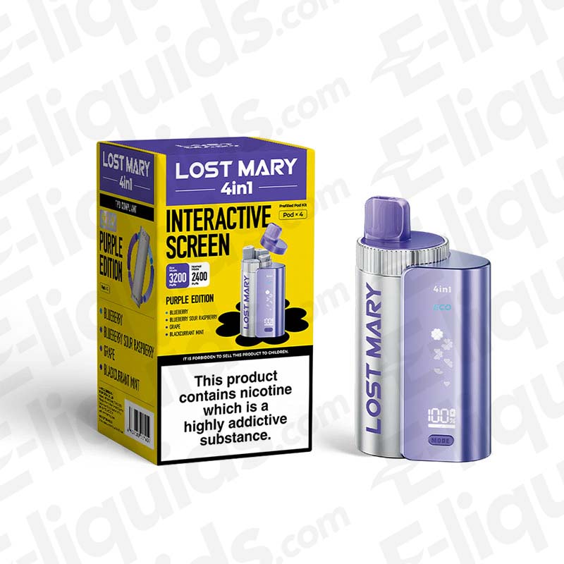Lost Mary 4-in-1 Pod Kit with interactive screen, purple edition, showcasing pod device and packaging for versatile vaping.