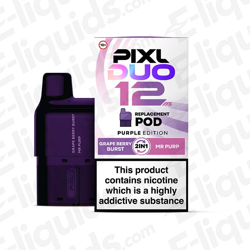 Purple Edition PIXL Duo 12 Prefilled Pod featuring grape berry burst flavor with nicotine, for up to 6000 puffs.