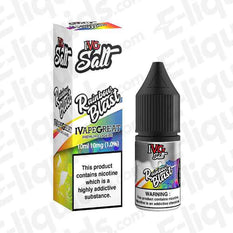 Rainbow Blast Nic Salt E-liquid by IVG - 10ml bottle featuring fruit cocktail flavors with menthol, ideal for pod kits. 10 to 20mg strength.