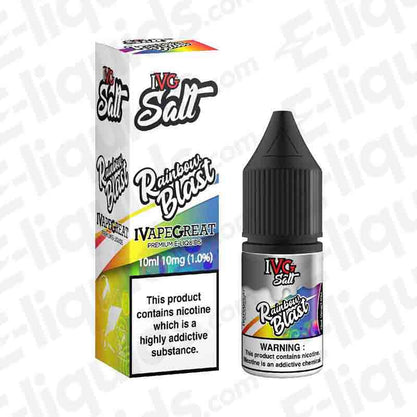 Rainbow Blast Nic Salt E-liquid by IVG - 10ml bottle featuring fruit cocktail flavors with menthol, ideal for pod kits. 10 to 20mg strength.