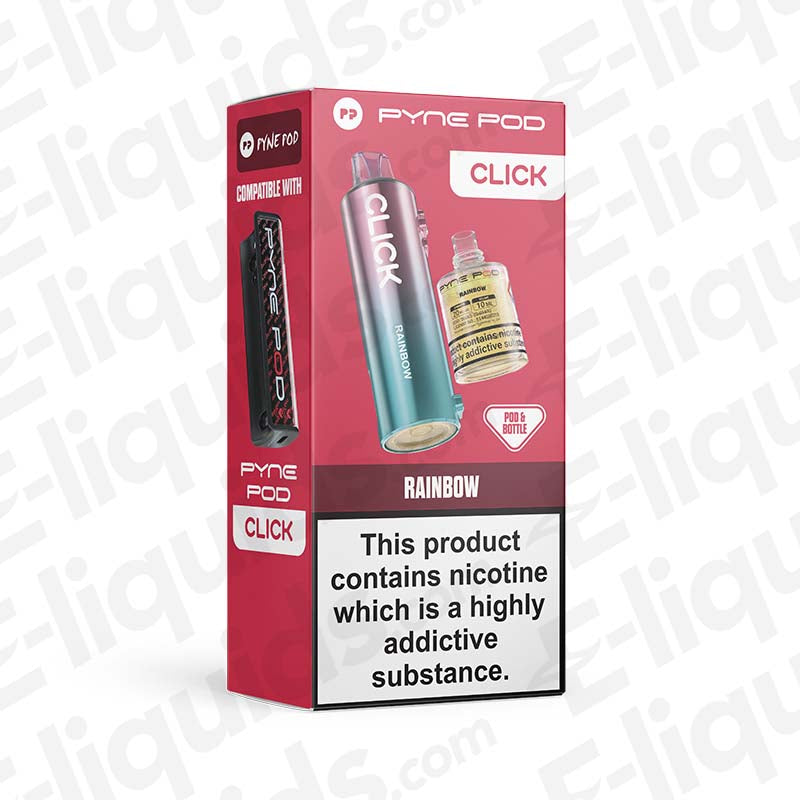 Pyne Pod Click 50K Rainbow Prefilled Pod with vibrant rainbow flavour and refill bottle in bold pink packaging.