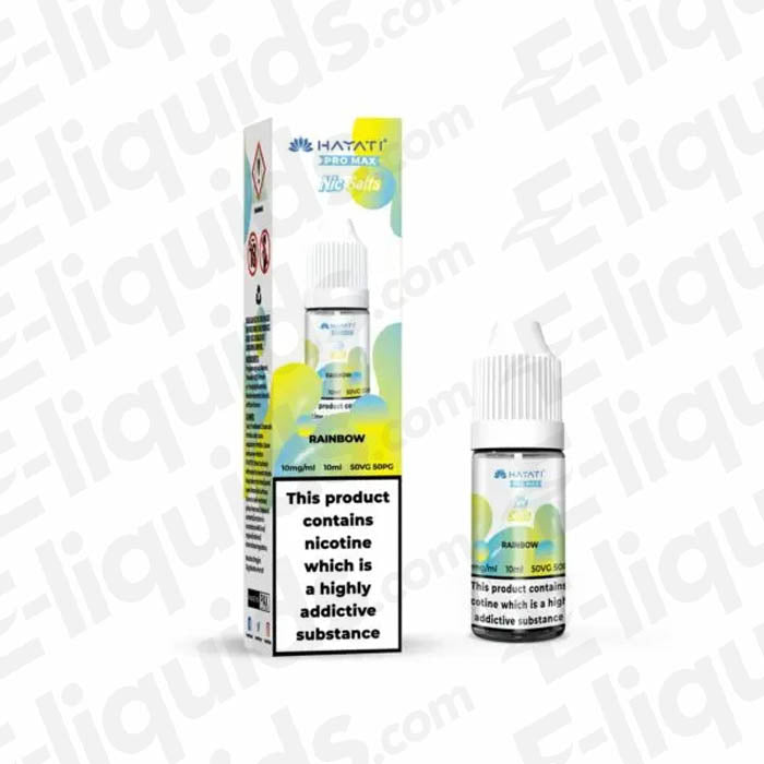 Rainbow Nic Salt E-liquid by Hayati Pro Max, 10ml bottle, 10mg nicotine strength, fruity flavor blend.